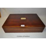 *A Victorian mahogany box with brass plaque, lift out tray, 10x 37 x 32cm. (Lot Subject to VAT)