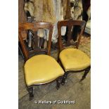 A set of six late Victorian walnut dining chairs with splat backs and overstuffed serpentine front
