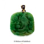 A Chinese Spinach Jade Drop Pendant having carved bird and floral decoration mounted with hook inset