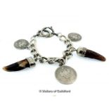 *Silver Curb Link Bracelet with 3 silver coin charms and 2 claws 65.4g (Lot subject to VAT)