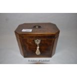 *Georgian crossbanded and boxwood strung mahogany tea caddy with canted corners , c. 1780, 13.