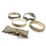 An assortment of Silver Bangles and a Silver Gate Chain Link Bracelet with Heart Padlock Clasp,