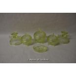 *Art Deco style uranium green glass dressing table ornaments (6), with butterfly decoration and