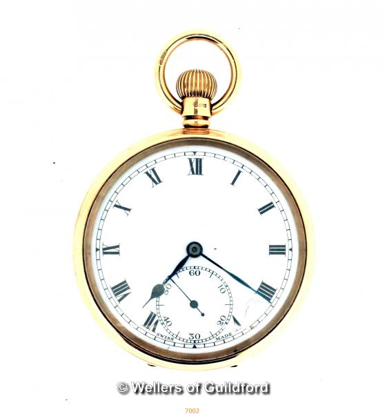 A 9ct Gold Gentlemans open faced pocket watch having white enamelled dial with seconds dial and