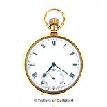 A 9ct Gold Gentlemans open faced pocket watch having white enamelled dial with seconds dial and