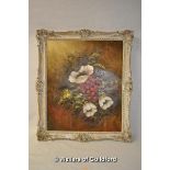 An oloegraph still life with flowers, signed Amy, 59 x 49; an abstract unframed canvas, 87 x 56cm (