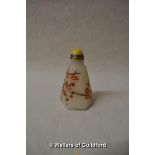 A Chinese hardstone suff bottle of tapering hexagonal form, yellow cabochon stone to lid, engraved