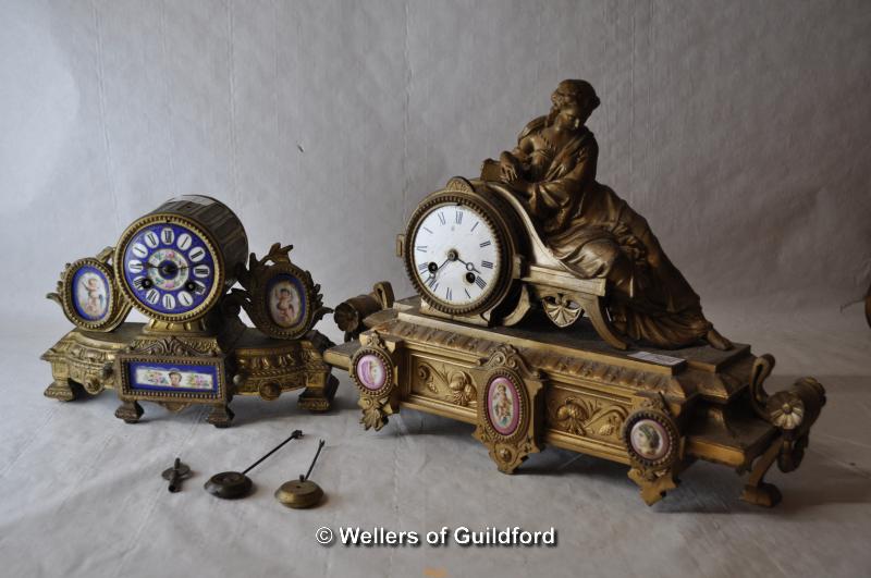 Two Victorian gilt metal mantel clocks, one inset with porcelain panels, faults.