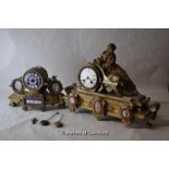 Two Victorian gilt metal mantel clocks, one inset with porcelain panels, faults.