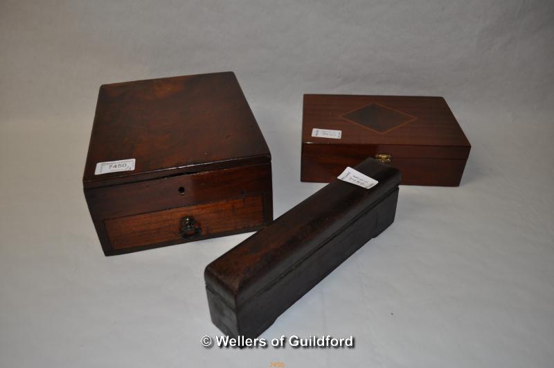 *Mahogany parquetry inlaid box, another mahogany box and vintage oilstone (Lot subject to VAT)