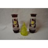 *Pair of Bohemian ruby frosted etched vases and Uranium yellow glass perfume bottle (Lot subject