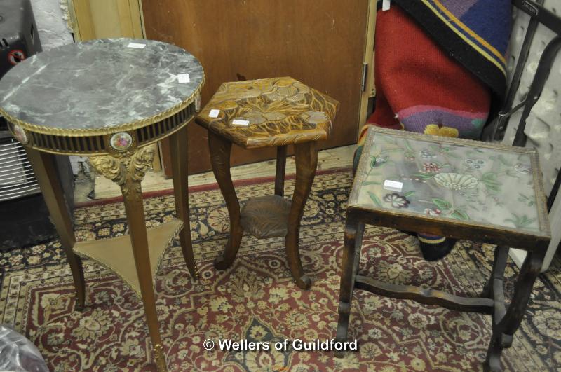 A circular gilt table with faux marble top, 40.5cm diameter; a glass topped square table with wooden