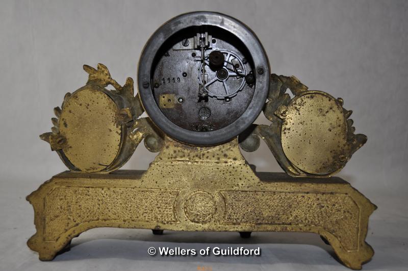 Two Victorian gilt metal mantel clocks, one inset with porcelain panels, faults. - Image 6 of 8