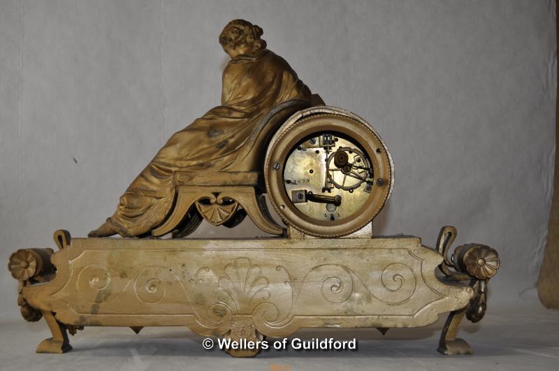 Two Victorian gilt metal mantel clocks, one inset with porcelain panels, faults. - Image 3 of 8