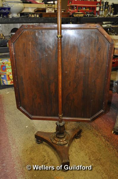 A Victorian mahogany polescreen with embroidered silk panel and trefoil base with bun feet. - Image 3 of 3