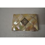 A Victorian mother-of-pearl card case, the hinged lid with inset silver cartouche opening to