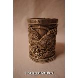 A Chinese white metal cylindrical brush pot repousee with eagles, 10.5cm.