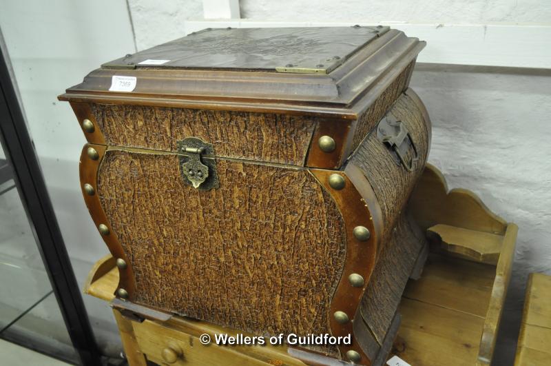 An Art Deco log box, 42cm; a firescreen with parquetry panel of a tall ship.