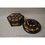 *Porcupine quill and ebony hexagonal trinket box and Ceylonese box pot with lid (2) (Lot subject