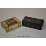 *Erhard & Sohne Secessionist stamp box, brass with mahogany inlay; and black horn snuff box (2) (Lot