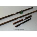 Two Chinese bamboo end flutes, the longest 84.5cm, a small woodwind instrument and a recorder (4).