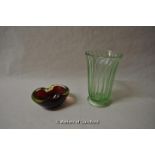 *Murano style green and red Sommerso glass geode bowl and uranium green glass celery vase (Lot