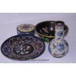 Chinese cloisonne wares comprising a circular box and cover, a bowl with floral decoration, a