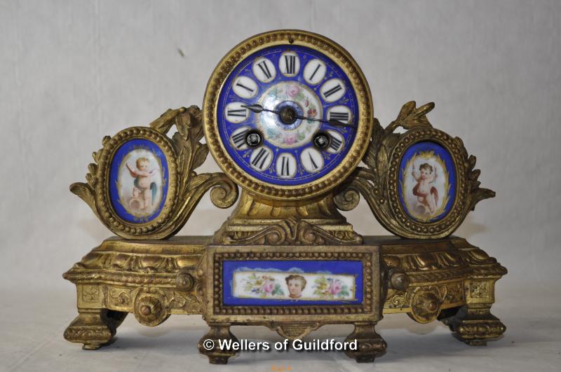 Two Victorian gilt metal mantel clocks, one inset with porcelain panels, faults. - Image 5 of 8