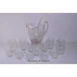 WITHDRAWN - An etched glass mulled wine jug and ladle with eleven matching glasses and six pressed