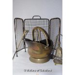 Brass coal scuttle, trivets, tongs, shovel, spark guard.