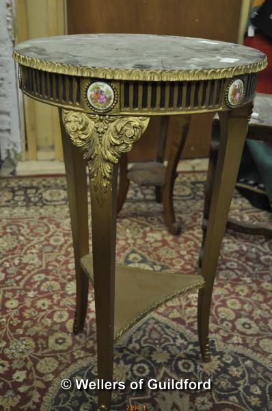 A circular gilt table with faux marble top, 40.5cm diameter; a glass topped square table with wooden - Image 2 of 4