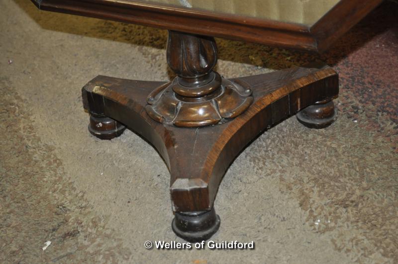 A Victorian mahogany polescreen with embroidered silk panel and trefoil base with bun feet. - Image 2 of 3