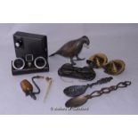 *Assorted bric-a-brac including vintage round wire spectacles, bronze bird, collectable spoons,