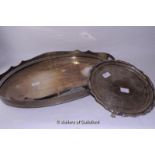A large silver plated oval galleried tray with handle apertures; a smaller circular tray on paw