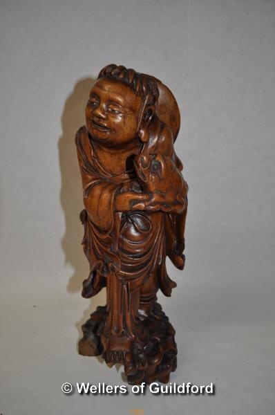 *Oriental carved root wood figure with fish 12.5" tall (Lot subject to VAT)