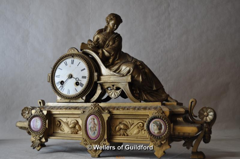 Two Victorian gilt metal mantel clocks, one inset with porcelain panels, faults. - Image 2 of 8