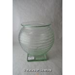 A Daum, Nancy, globular ribbed green glass vase on square base, 22.5cm.