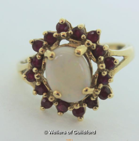 9ct Yellow Gold Opal and Ruby Cluster Ring 3.2g, Size N,Hallmark worn, Test as 9ct gold