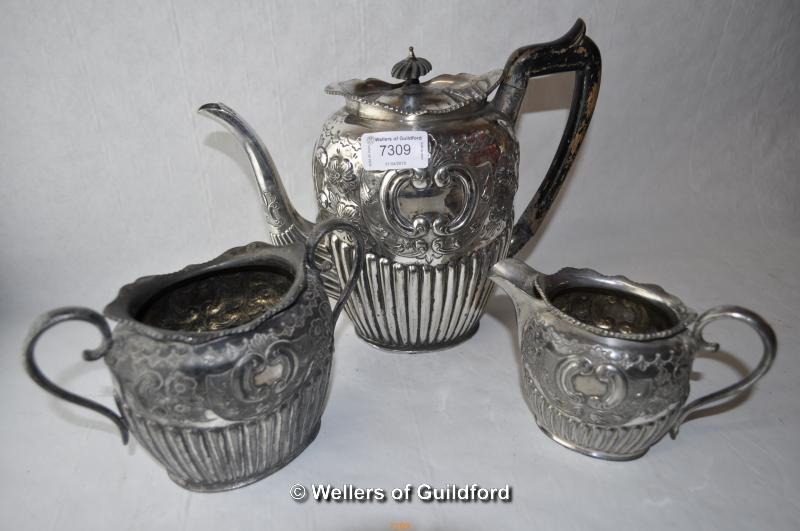 *William Page & Co silver plate repousse tea set comprising teapot, milk and sugar (Lot subject to