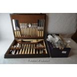 An oak canteen of silver plated cutlery and a quantity of silver plated cutlery; one silver salt