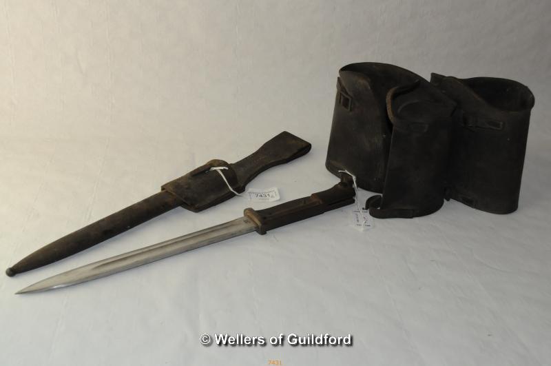 An Erfurt bayonet with scabbard and leather belt attachment, 40.5cm overall; a pair of leather