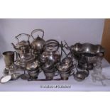 A quantity of silver plated wares including spirit kettles with stands, a punchbowl with cups, a