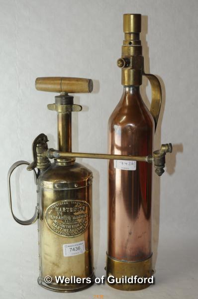 A brass Martsmith spraying machine; a copper fire extinguisher, altered.