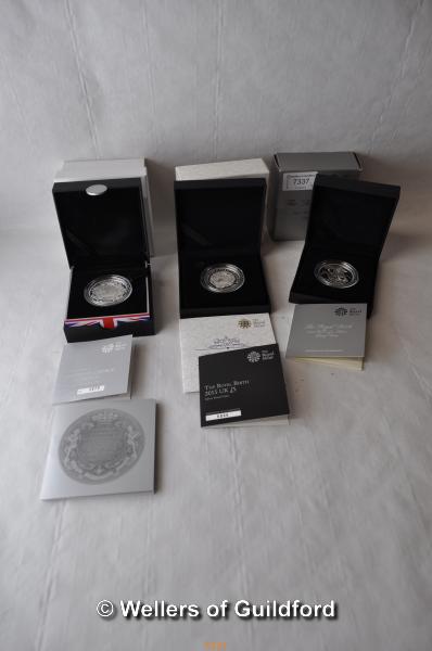 Three silver coins with boxes and certificates of authenticity; The Royal Birth 2013, To Commemorate