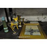 Bric-a-brac including Art Nouveau strut picture frame, modern print, brassware, Babycham glass,