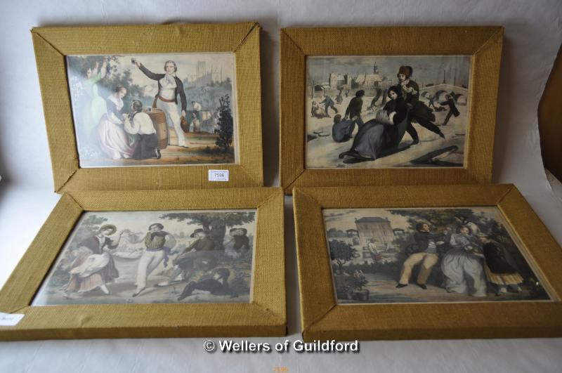 A set of four late 18th Century prints showing figures at leisure, in 1960's frames. (4)
