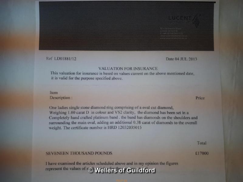 Ladies single stone diamond ring comprising of an oval diamond weighing 1ct, D colour, VS2 - Image 6 of 6