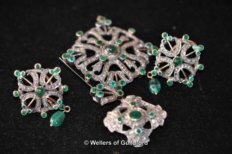 Vintage Art Deco emerald and diamond pendant with matching earrings and ring, set in silver and 18ct