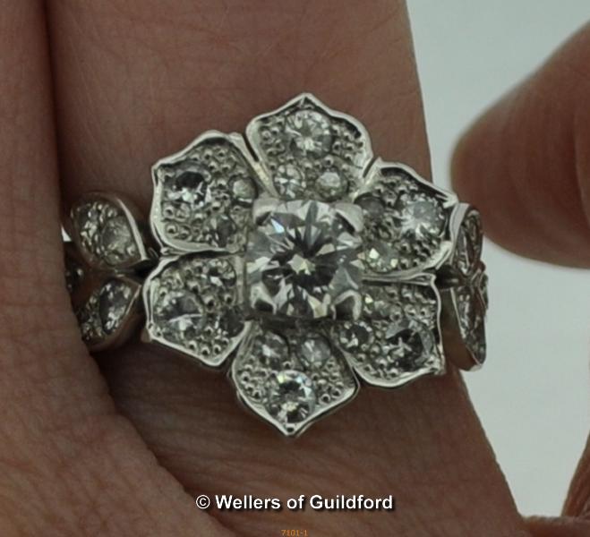 18ct white gold diamond ring, central round brilliant cut diamond surrounded by diamond melee's - Image 2 of 2