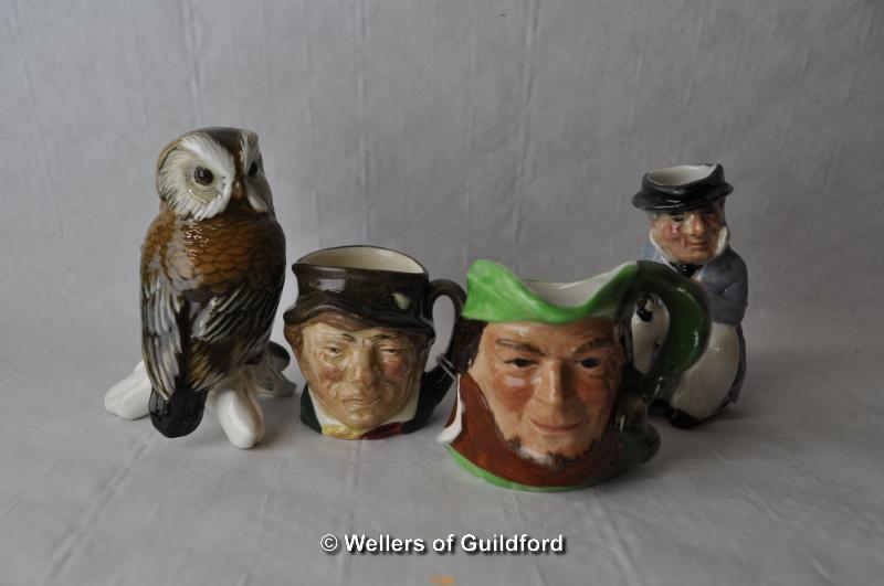 A Karl Ens owl and three small character jugs including a Royal Doulton example.